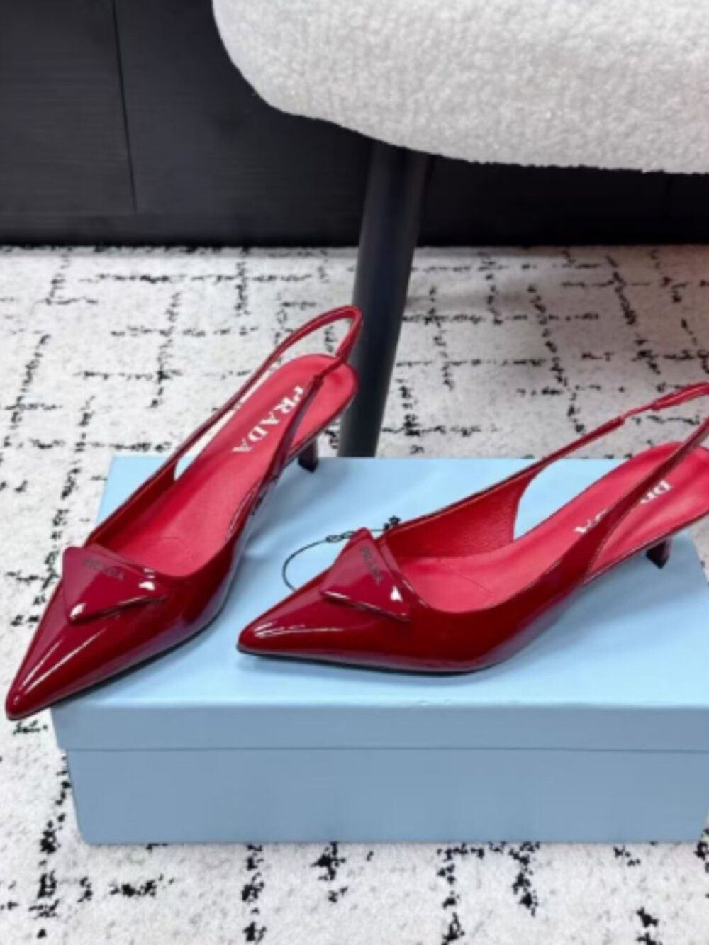 Prada Red Patent Leather Pointed Toe Slingback Heels, Size EU 38 (US 7.5)